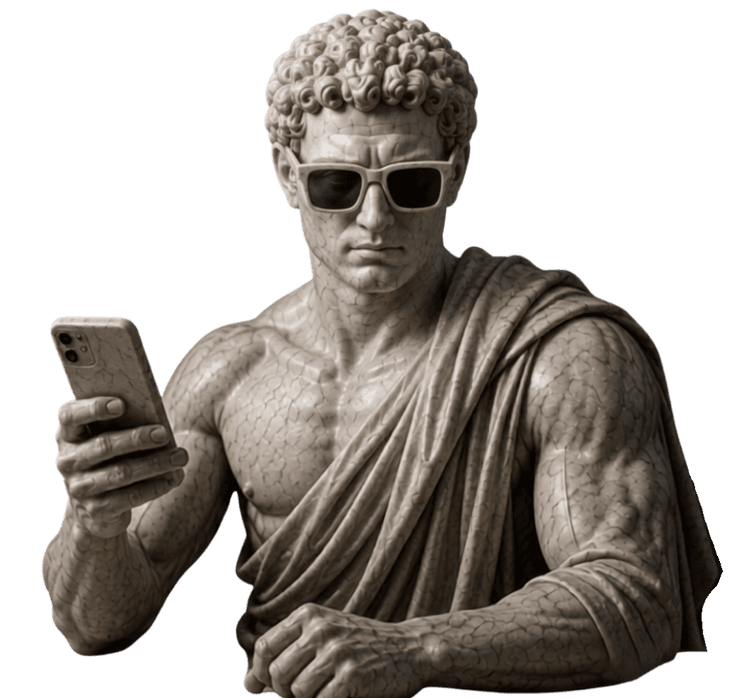 A bust of a young athletic figure carved from grey marble, wearing squared white marble sunglasses and a draped toga, holding a marble phone in one raised hand.