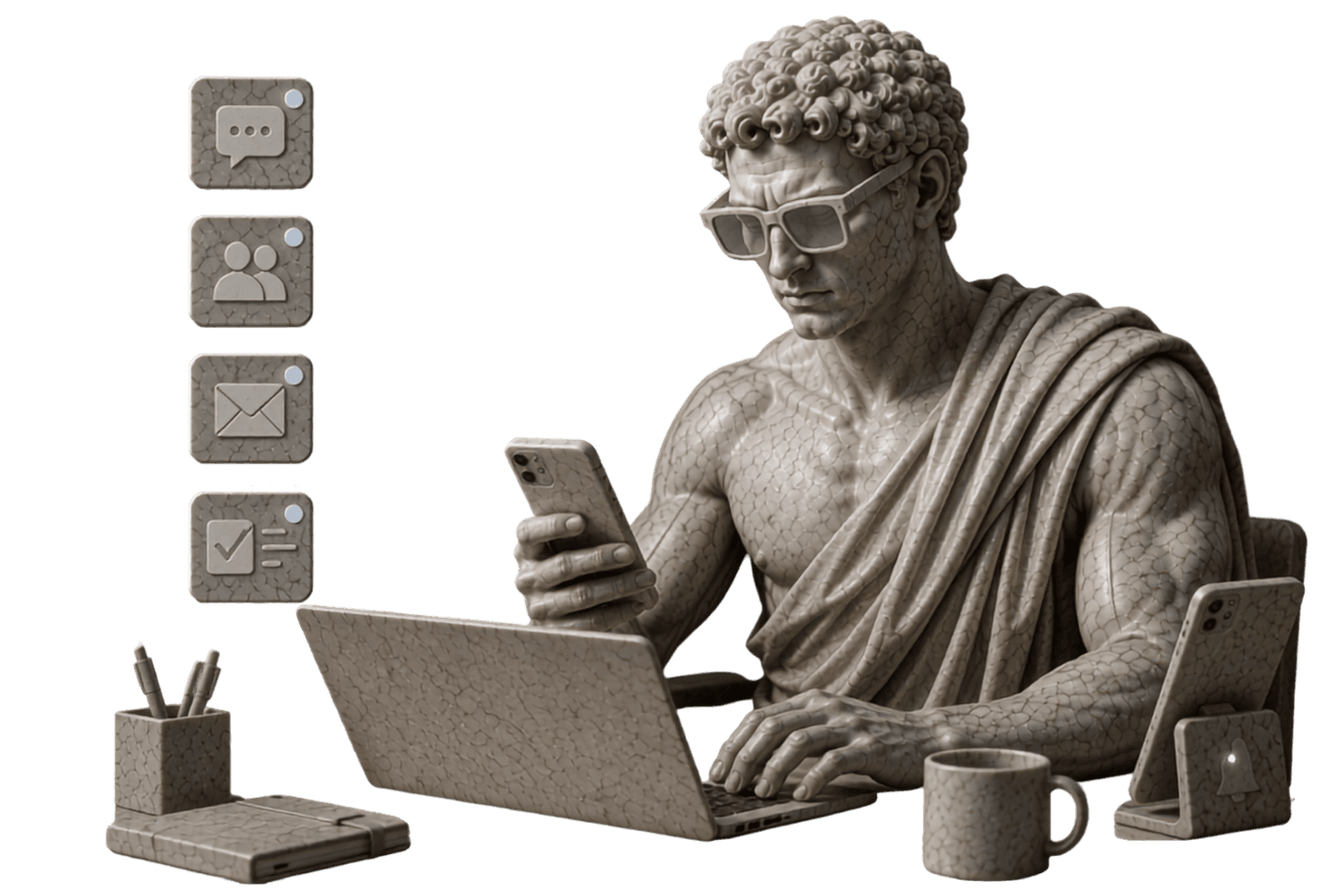 A young athletic marble figure in squared white marble sunglasses works at a desk, a stone phone in one raised hand and the other hand typing on a marble laptop. A second phone stands propped beside him and four stone notification tiles float in a column at his left.