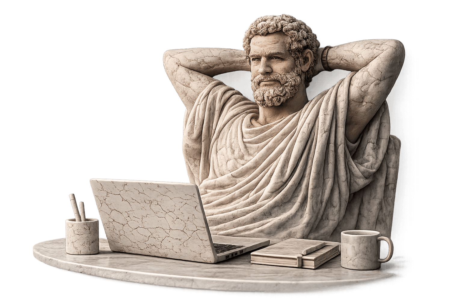The same bearded older man leans back from his desk with both hands laced behind his head, looking calmly into the middle distance. His robe and arms are still carved marble, but his face and hands have turned to living flesh, with warm skin and a soft real beard. The laptop in front of him is ignored.