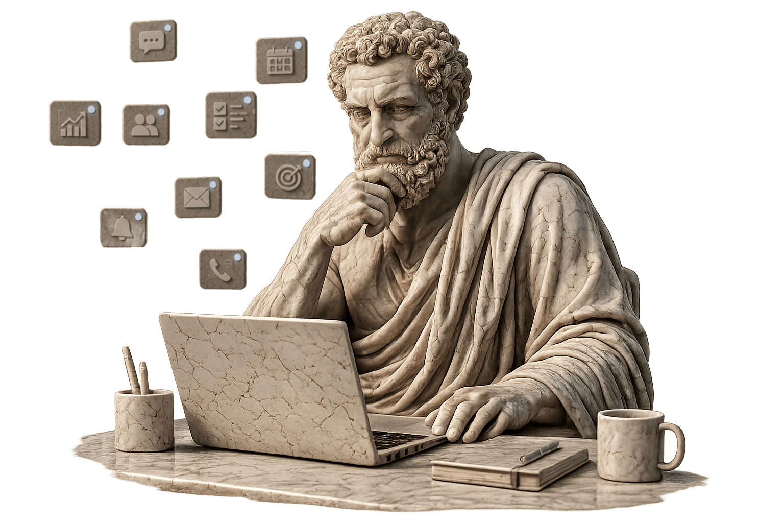 A bearded older man carved entirely from bone-white marble sits at a marble desk, hand pressed to his chin, frowning into a marble laptop. Nine stone tablets bearing chat, calendar, chart, contacts, task, target, mail, bell and phone symbols hover in the air around his head.