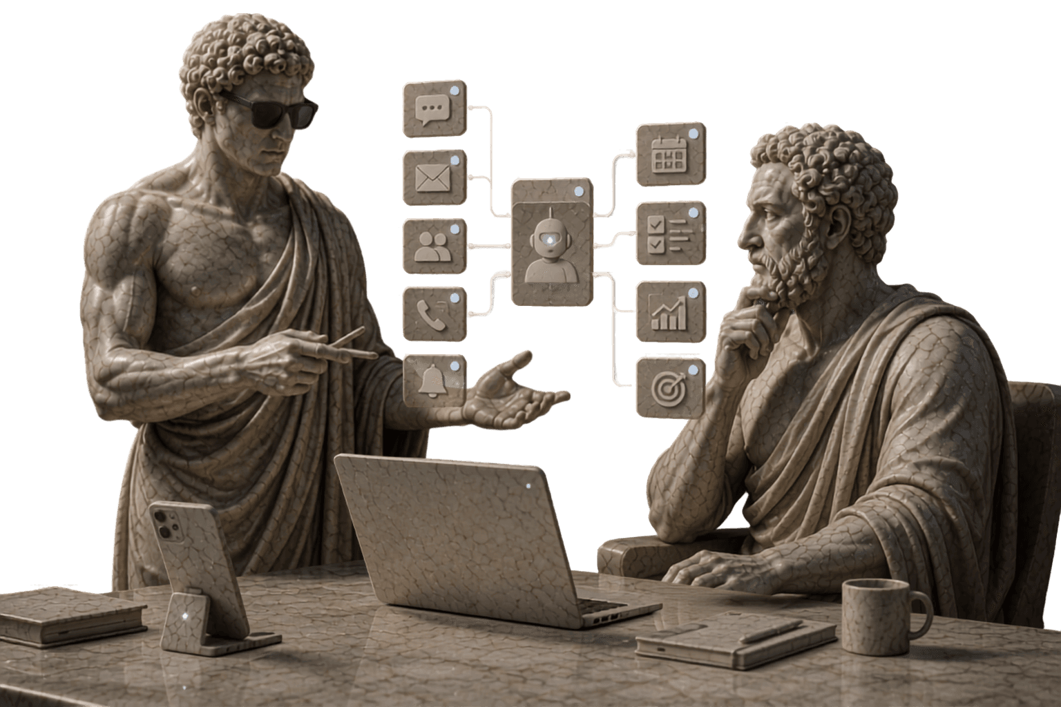 Two marble figures at a shared polished marble table. Standing at the left, the young figure in squared sunglasses gestures with an open palm and holds a stylus; seated at the right, the bearded older man rests his chin on his hand and listens. Between them floats a wired diagram of stone tiles feeding into a central robot tablet.
